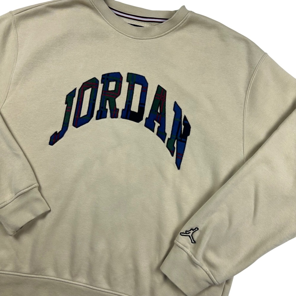 Jordan‎ Mens Plaid Wordmark Crewneck Sweatshirt Tan Fleece Pullover Large